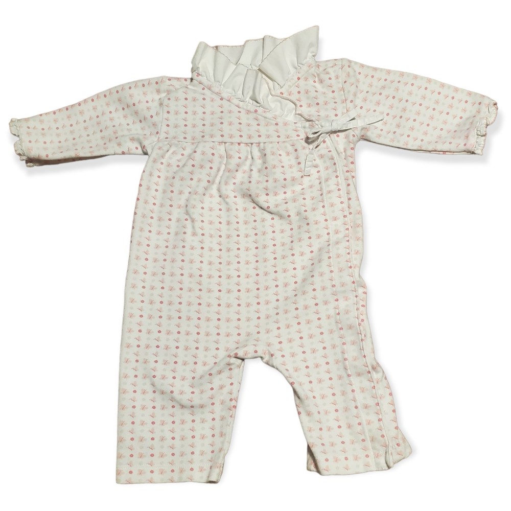 Janie and Jack Layette One Piece Flannel White w/ Pink Butterflies Size 0-3 m